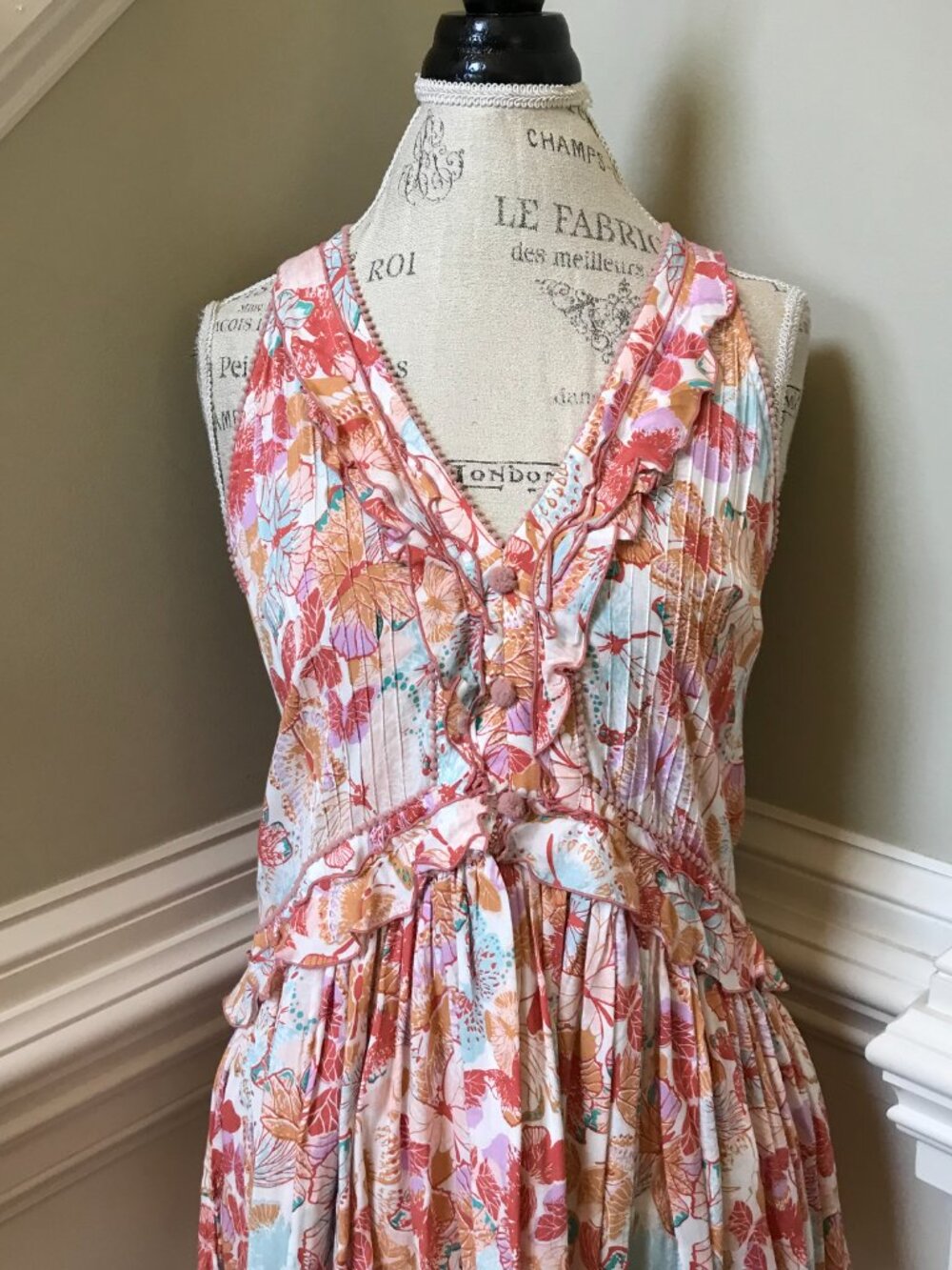 Poupette St Barth Fae Mini Dress Womens Small Orange White V-Neck Ruffle Floral - Picture 3 of 10